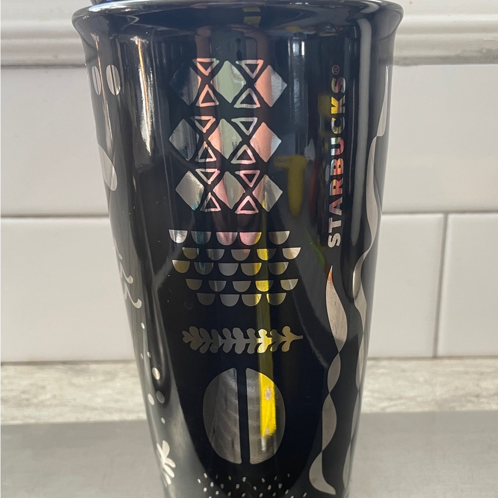 Starbucks Black Tumbler with Silver and Gold Accents with lid